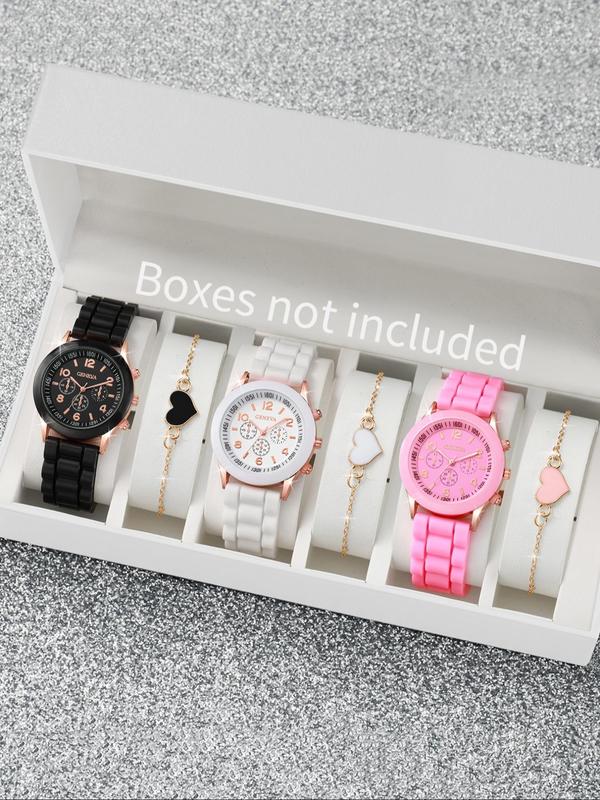 Fashion Round Dial Quartz Watches & Heart Charm Bracelets Set, without Box, Trendy Exquisite Jewelry Set for Birthday Gift