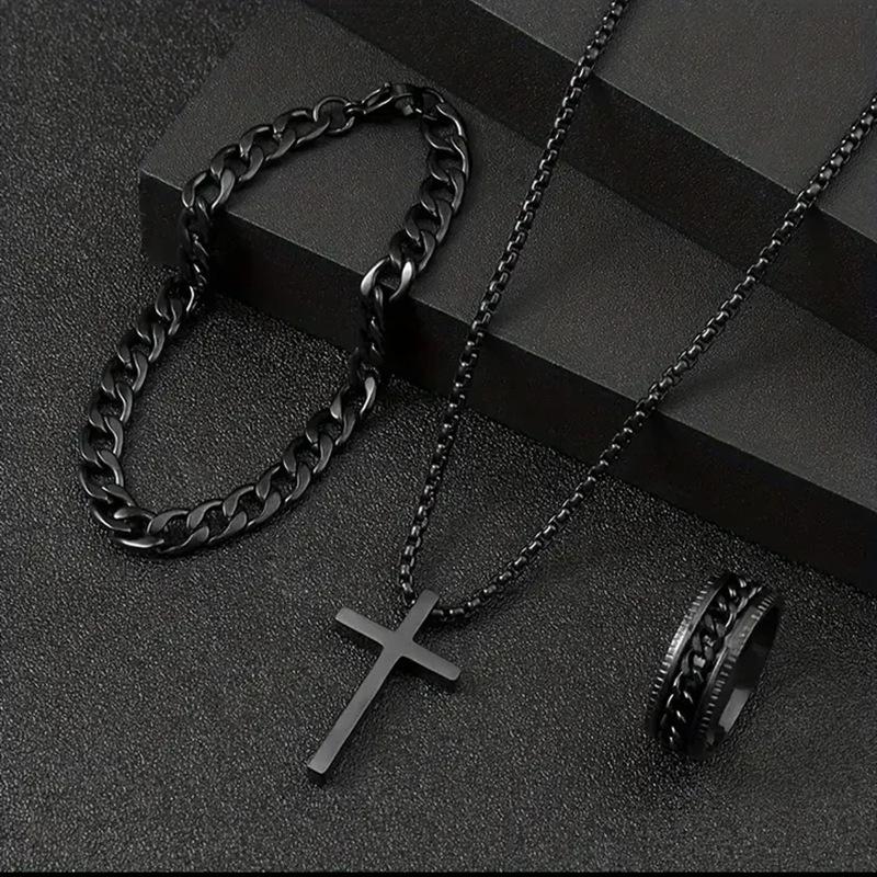 Deluxe Men's Alloy Cross Adornment Set with Ring, Bracelet & Necklace