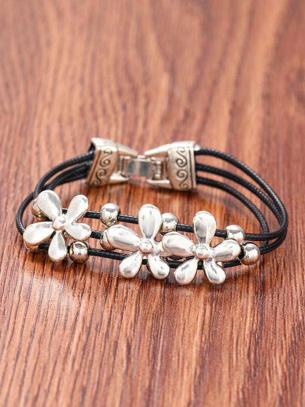 Boho Style Flower Design Bangle, Vintage Retro Multi-layered Bracelet for Women & Girls, Fashion Jewelry for Party, Daily Decor, Trendy All-match & Exquisite Jewelry for Birthday Gift