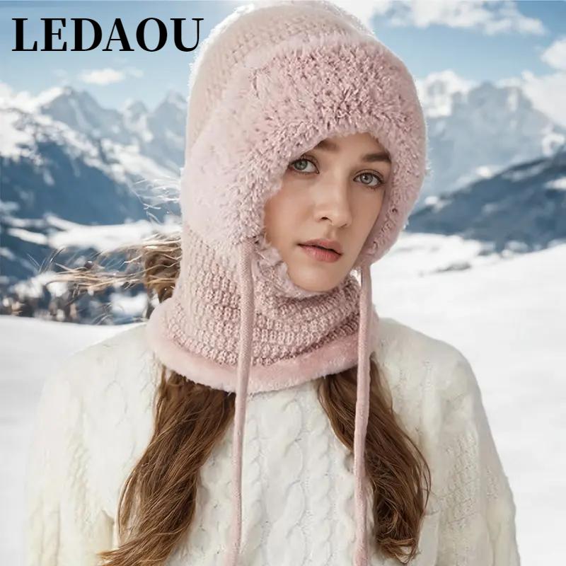 LEDAOU 3 in 1 Beanie Hat For Women, Knitted Ski Scarf and Face Mask Set, Hooded One Piece Windproof Warm Snow Cap Balaclava Sherpa Hood