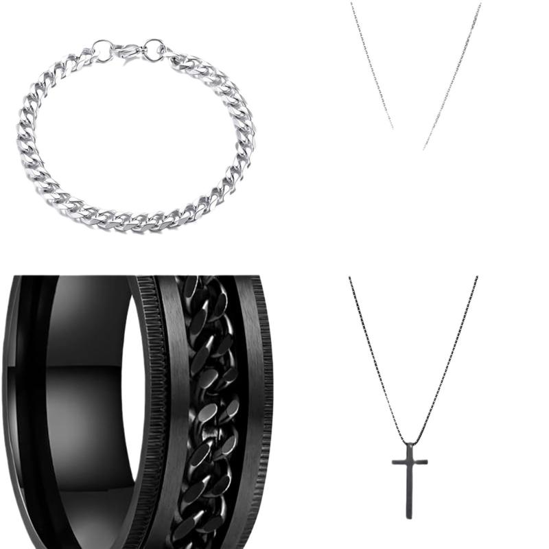 Deluxe Men's Alloy Cross Adornment Set with Ring, Bracelet & Necklace