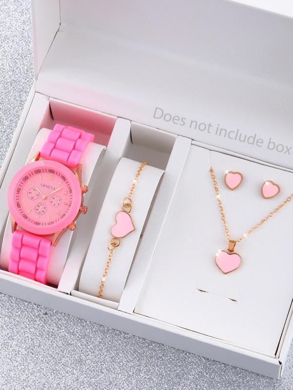 Women's Elegant Round Dial Wristwatch & Heart Shape Charm Bracelet & Necklace & Stud Earrings, Gorgeous Watch & Jewelry Set, Fashionable Watch Set As Gift Without Box