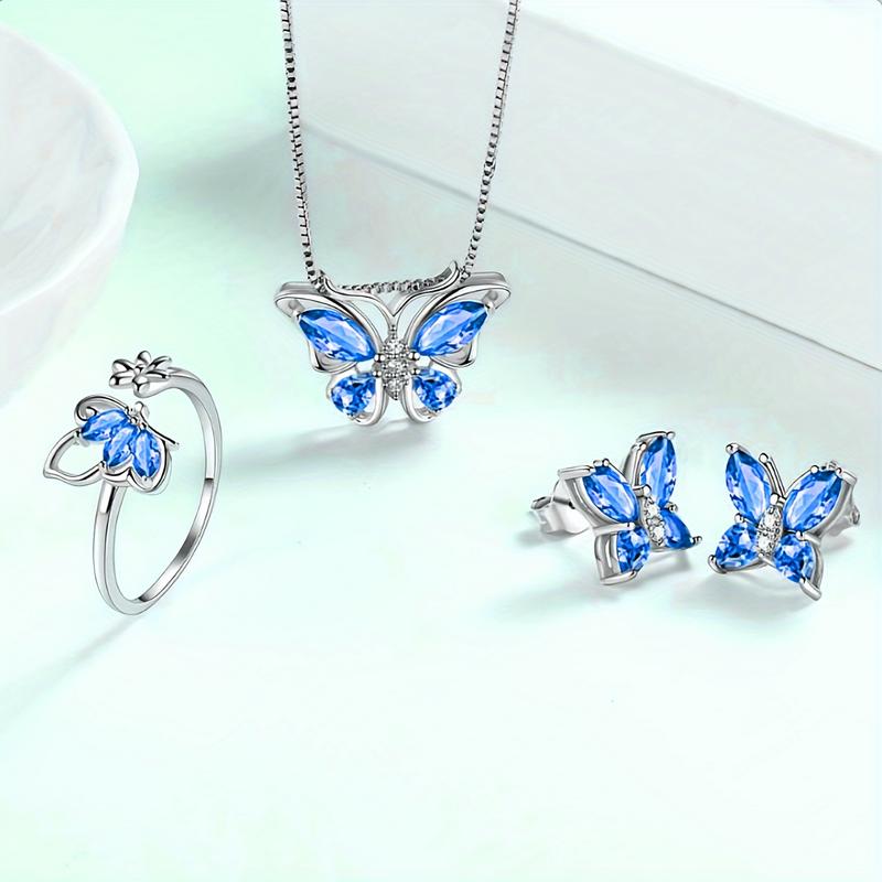 A set of four fashionable butterfly necklace, earrings and rings that are very suitable for daily wear by women. A fashionable jewelry set for gifting