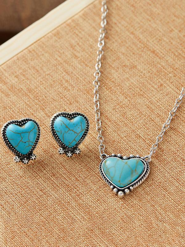 Boho Style Turquoise Texture Decor Heart Design Jewelry Set, Vintage Pendant Necklace & Dangle Earrings, Fashion Jewelry Accessories for Women