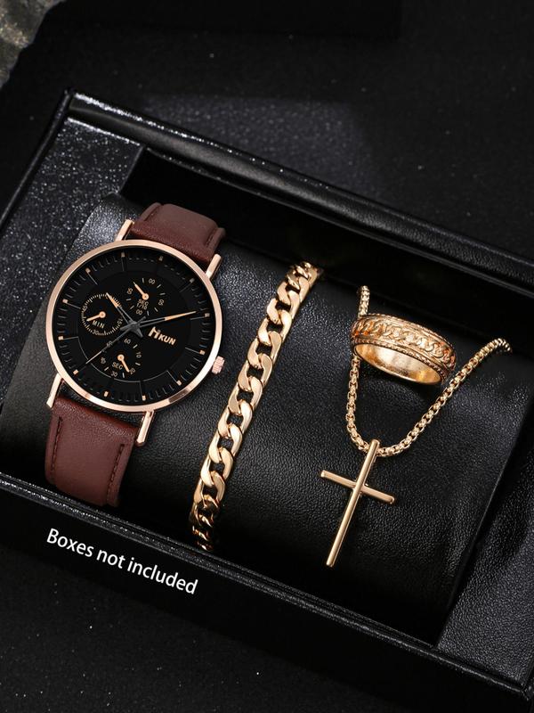 Men's Watch & Jewelry Set, Fashion Round Dial Analog Quartz Watch & Chain Bracelet & Cross Necklace & Ring, Jewelry Set for Party, Daily Decor, Exquisite Watch Set for Gift