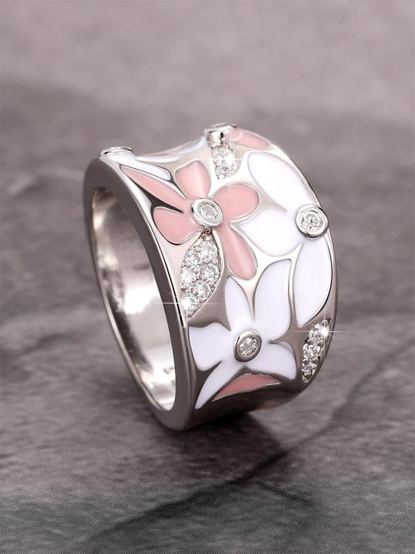 Fashion Flower Pattern Rhinestone Decorated Wide Ring Perfect As Gift, Elegant Women's Wedding Engagement Bridal Jewelry Gift, Classic Fashion Accessories for Daily Wear