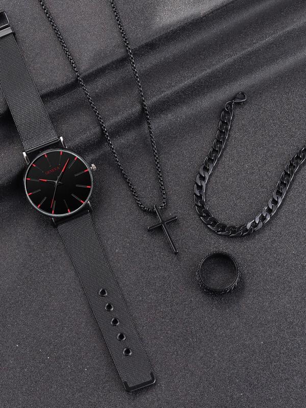 Men's Business Round Dial Quartz Watch & Chain Bracelet & Ring & Cross Necklace Set, Fashion Watch Set for Party, Daily Clothing Decor, Trendy Exquisite Watch Set for Gift