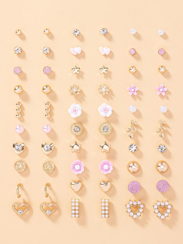 30 Pairs Women's Elegant Rhinestone & Faux Pearl Decorated Stud Earrings, Heart & Flower & Leaf & Star Design Stud Earrings, Fashionable Jewelry For Women & Girls For Daily & Party Decoration