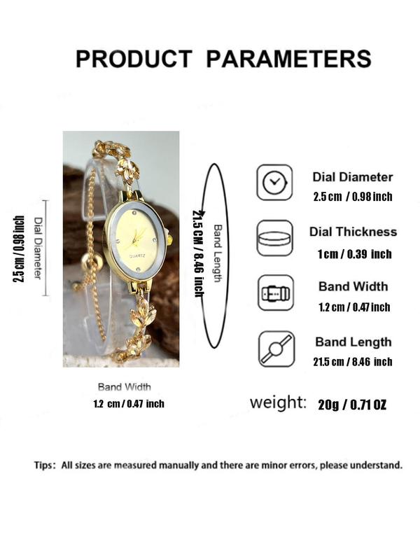 Women's Elegant Rhinestone Decor Leaf Design Quartz Watch, Fashionable Oval Dial Analog Watch for Women & Girls, Trendy All-match Watch for Birthday Gift