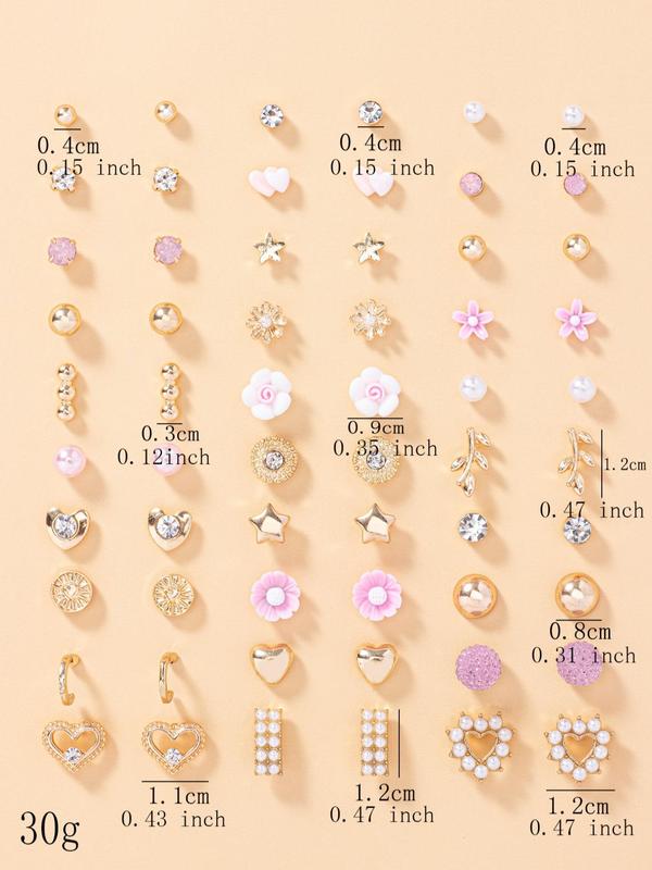 30 Pairs Women's Elegant Rhinestone & Faux Pearl Decorated Stud Earrings, Heart & Flower & Leaf & Star Design Stud Earrings, Fashionable Jewelry For Women & Girls For Daily & Party Decoration