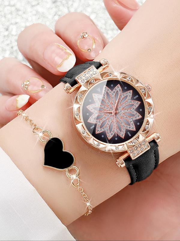 Women's Rhinestone Decorated Round Dial Pu Leather Strap Couple Quartz Watch (4counts), with Heart Charm Bracelet Set, without Box, for Birthday Gift