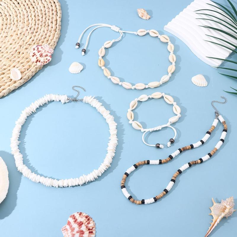 Puka Shell Necklace Men Women Natural Shell Choker Necklace Adjustable Seashell Surfer Necklace Bracelet Beach Jewelry Set