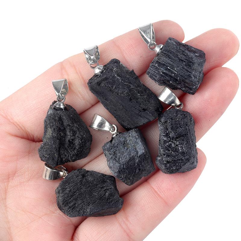 Black Tourmaline Rough Stone Pendant Natural Crystal Irregular Pendants with Shape Tourmaline Ore Specimen Necklace