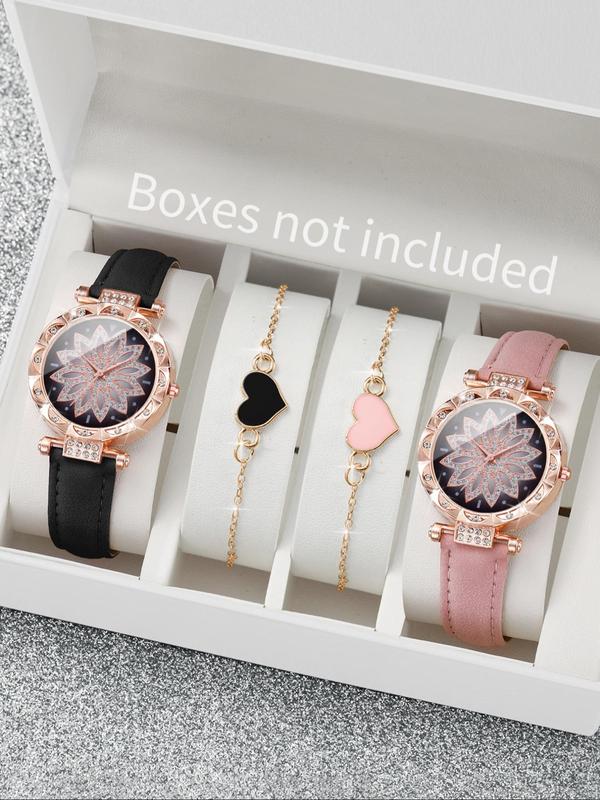 Women's Rhinestone Decorated Round Dial Pu Leather Strap Couple Quartz Watch (4counts), with Heart Charm Bracelet Set, without Box, for Birthday Gift