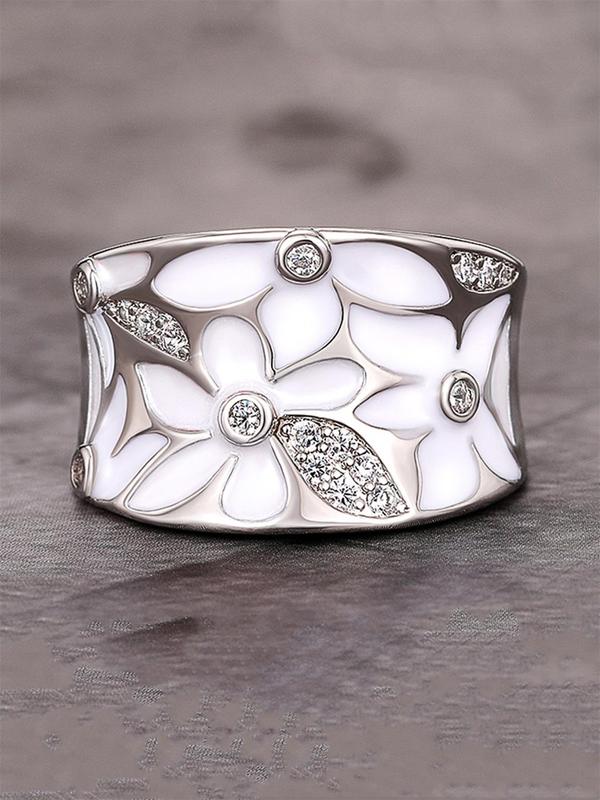 Fashion Flower Pattern Rhinestone Decorated Wide Ring Perfect As Gift, Elegant Women's Wedding Engagement Bridal Jewelry Gift, Classic Fashion Accessories for Daily Wear