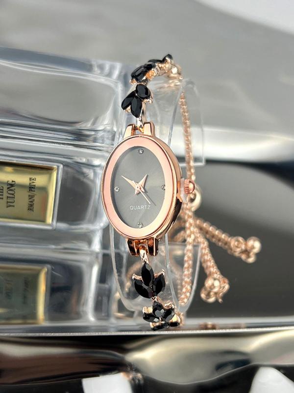 Women's Elegant Rhinestone Decor Leaf Design Quartz Watch, Fashionable Oval Dial Analog Watch for Women & Girls, Trendy All-match Watch for Birthday Gift