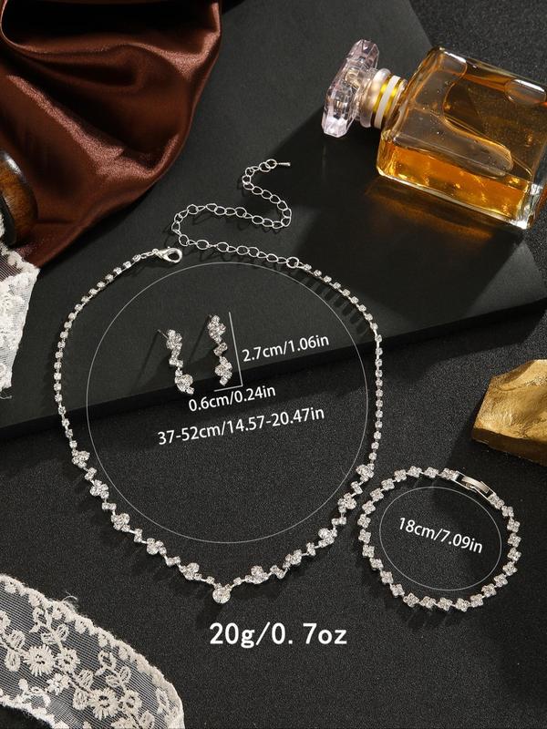 Women's Elegant Rhinestone Decorated Jewelry Set, Exquisite Trendy Necklace & Dangle Earrings & Bracelet, Chic Jewelry Set for Party Decoration