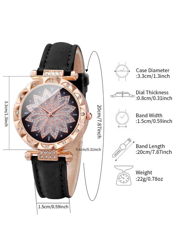 Women's Rhinestone Decorated Round Dial Pu Leather Strap Couple Quartz Watch (4counts), with Heart Charm Bracelet Set, without Box, for Birthday Gift