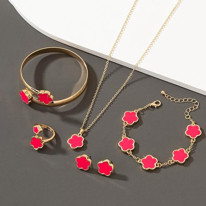 1 Pair of Earrings +1 Necklace +1 Bracelet +1 Bracelet +1 Ring, Lucky Flower Design Alloy Jewelry Set, Fashionable Gift for Women