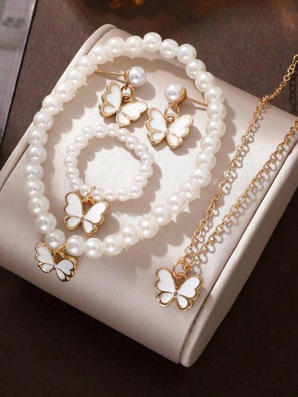 Women's Elegant Faux Pearl Decorated Butterfly Design Jewelry Set, Trendy Exquisite Pendant Necklace & Dangle Earrings & Ring & Bracelet, Chic Jewelry Set As Gift for Girlfriend