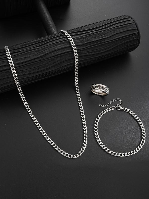 Summer Punk Style Hip Hop Cuban Chain Necklace & Bracelet & Ring Set As Gift, Trendy All-match & Exquisite Jewelry Set for Party, Daily Clothing Decor