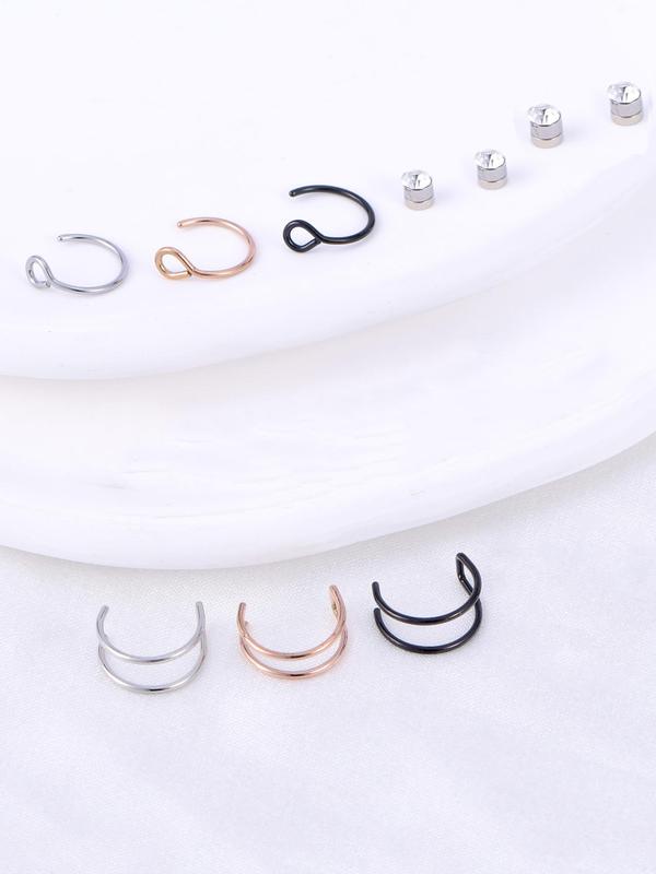 Punk Style Fake Nose Ring & Unisex Nose Stud Set, Plain Color Fake Nose Rings & Magnetic Rhinestone Fake Nose Stud, Body Jewelry for Party, Daily Decor