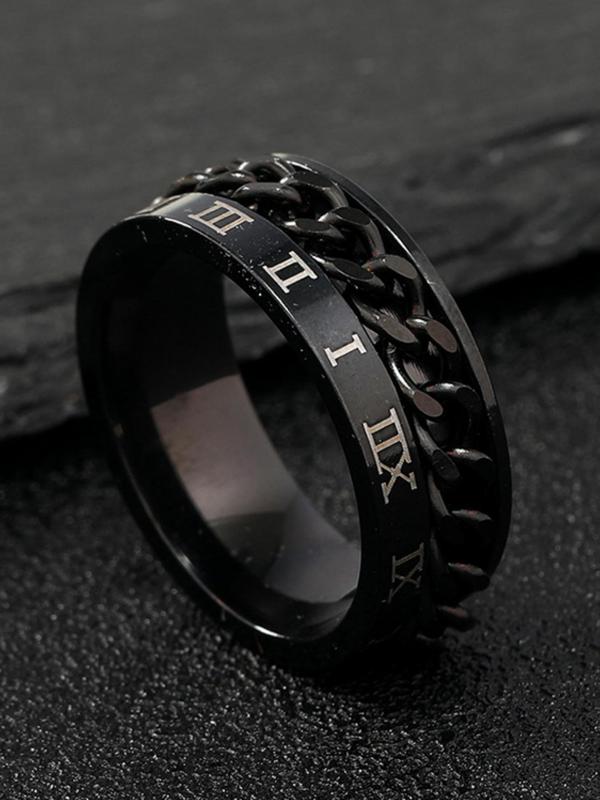 Men's Street Style Vintage Roman Numerals Design Ring, Trendy Anxiety Ring with Rotating Chain, Fashionable Jewelry As Gift for Friends