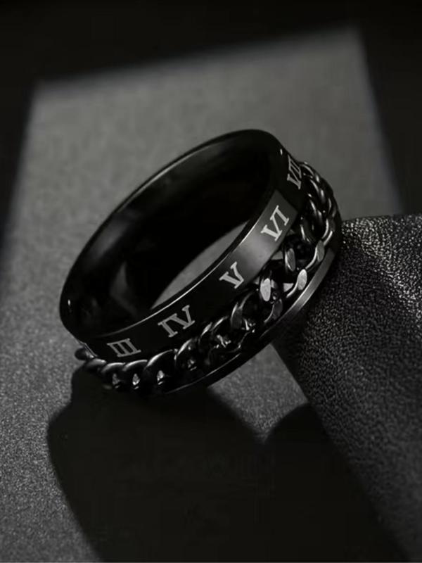 Men's Street Style Vintage Roman Numerals Design Ring, Trendy Anxiety Ring with Rotating Chain, Fashionable Jewelry As Gift for Friends