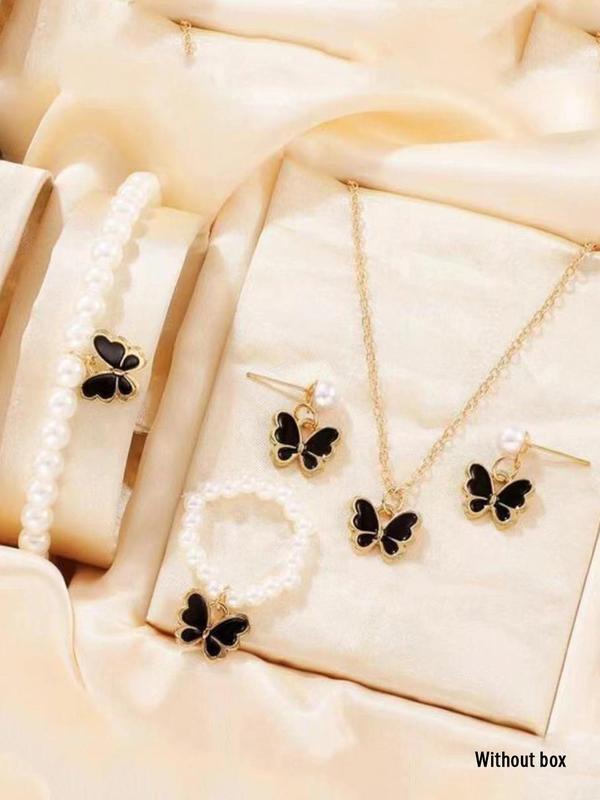 Women's Elegant Faux Pearl Decorated Butterfly Design Jewelry Set, Trendy Exquisite Pendant Necklace & Dangle Earrings & Ring & Bracelet, Chic Jewelry Set As Gift for Girlfriend