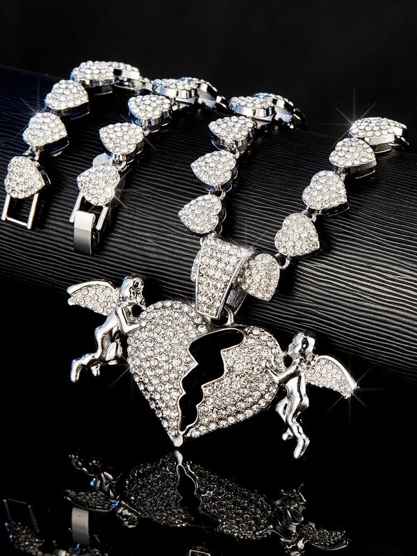 Rhinestone Decorated Broken Heart Design Necklace & Bracelet, Punk Style Jewelry Set for Party, Daily Clothing Decor, Trendy All-match & Exquisite Jewelry for Gift