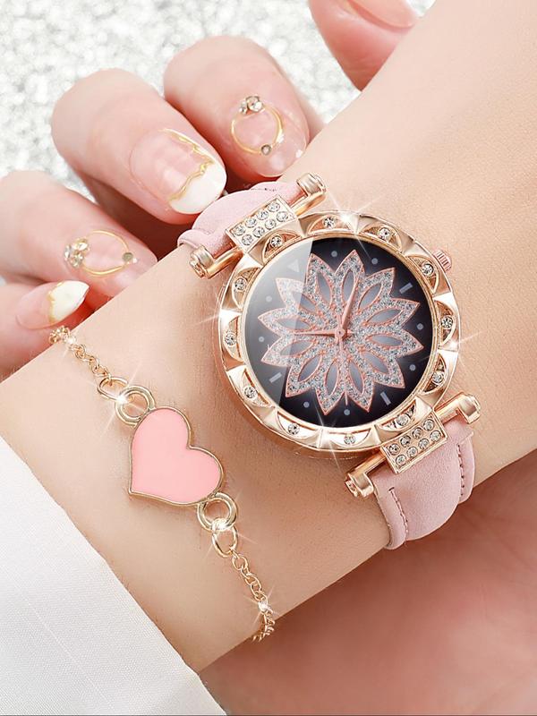 Women's Rhinestone Decorated Round Dial Pu Leather Strap Couple Quartz Watch (4counts), with Heart Charm Bracelet Set, without Box, for Birthday Gift