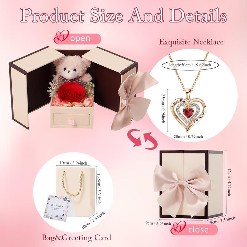 Christmas Creative Artificial Rose Bear Gift Box with Heart-shaped Pendant Necklace, Romantic Gift Set with Gift Bag & Greeting Card for Birthdays, Elegant and Simple Style Gift for Her