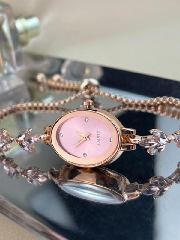 Women's Elegant Rhinestone Decor Leaf Design Quartz Watch, Fashionable Oval Dial Analog Watch for Women & Girls, Trendy All-match Watch for Birthday Gift