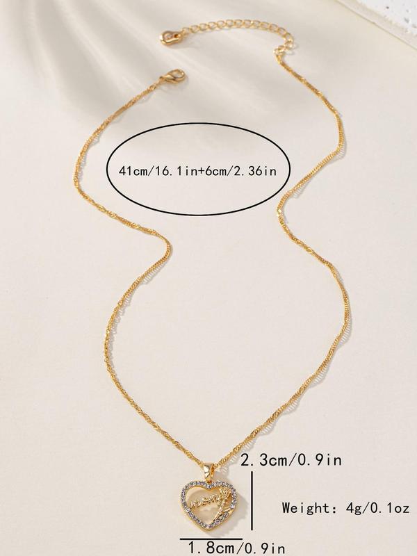 Fashion Rhinestone Decorated Heart Shaped Pendant Necklace Jewelry, Letter Detail Necklace for Women for Gift, Clavicle Chain Necklace