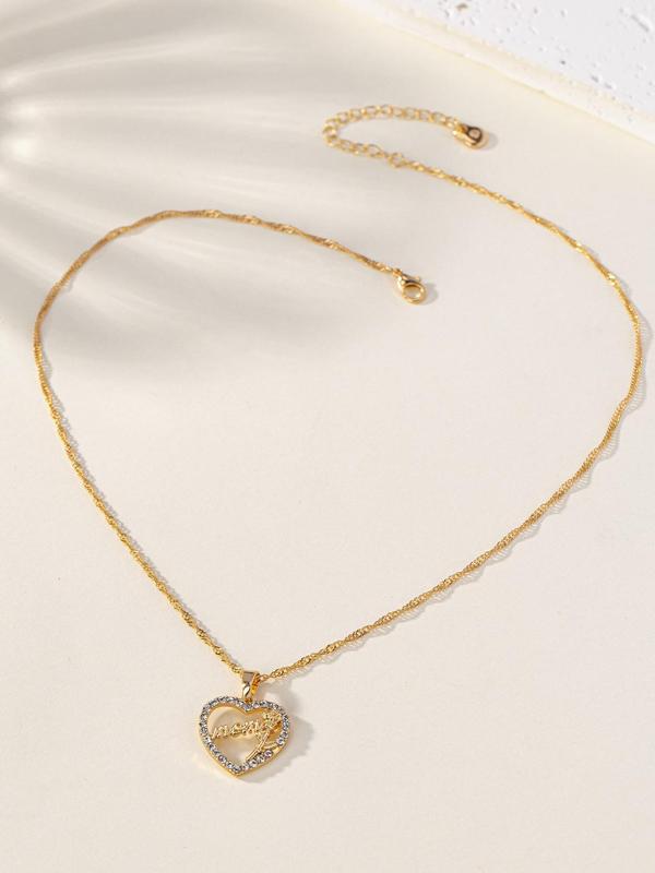 Fashion Rhinestone Decorated Heart Shaped Pendant Necklace Jewelry, Letter Detail Necklace for Women for Gift, Clavicle Chain Necklace