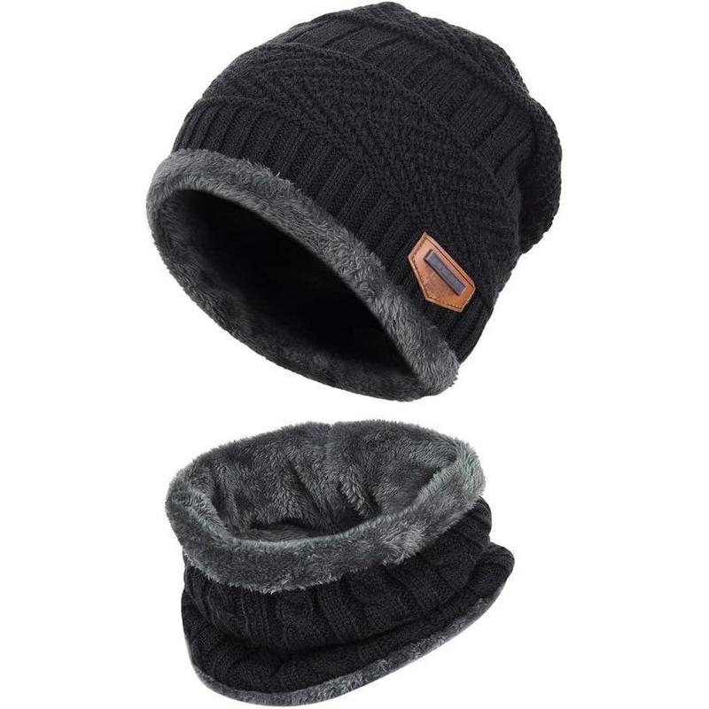 Mens Womens Winter Beanie Hat Scarf Set Warm Knit Hat Thick Fleece Lined Skull Cap  Warmer