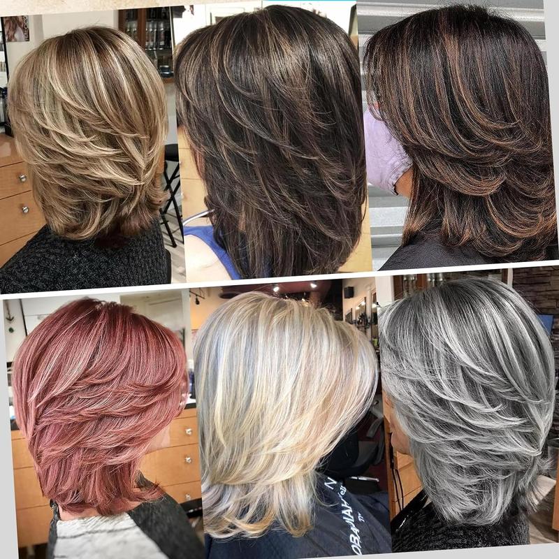 Ombre Blonde Highlight Bob Layered Wigs with Curtain Bangs for White Women Synthetic Short Straight Ombre Blonde Shaggy Wig Light Brown Mixd Blonde Wig for Black Women