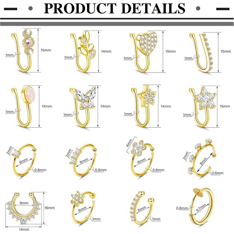 12-16Pcs Nose Cuff Fake Nose Ring Hoop Clip on Nose Ring CZ Dangle Fake Nose Ring Cartilage Tragus Ring Nose Cuff Non Piercing for Women Men Gold Silver