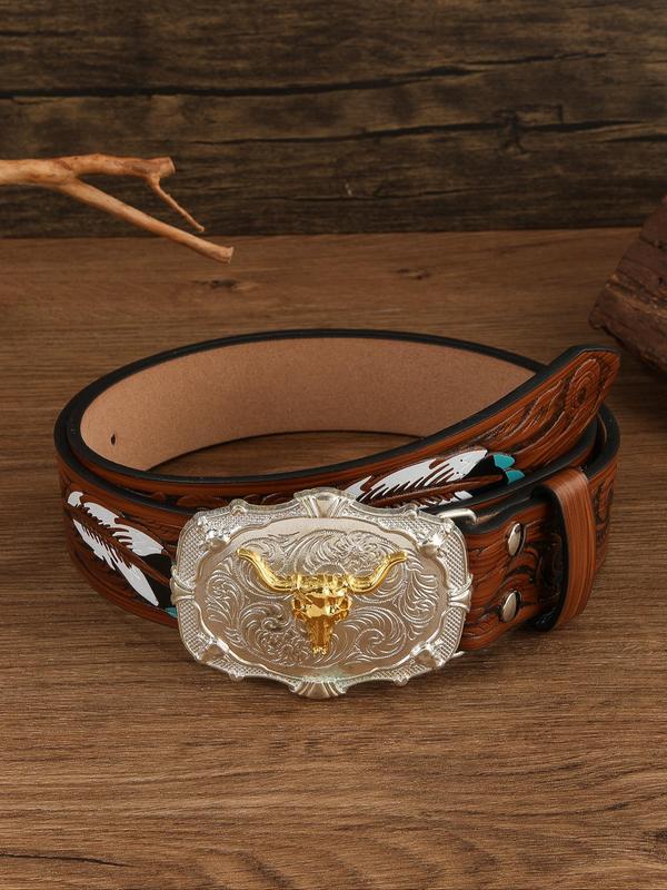 Men's Bull Head Buckle Western Belt, Fashionable Feather Pattern Belt for Men, Casual Waistband for Jeans Trousers, Fashion Belt for Party, Daily Clothing Decor