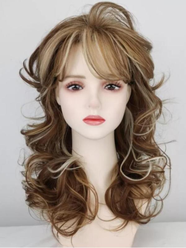 20 Inch Long Wavy Layered Wigs for Women, Gorgeous Fluffy Wigs with Bangs, Synthetic Full Machine Wigs for Party, Daily Use