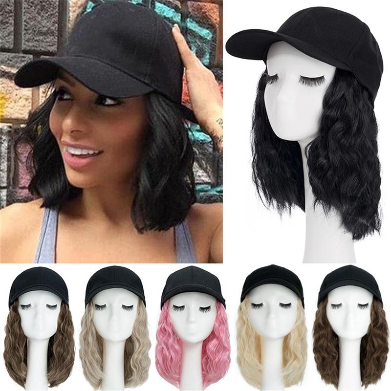 8inch Bob Hair With Baseball Cap Wave Curly Hair Hat Wigs Short Synthetic Hair Extensions For Women