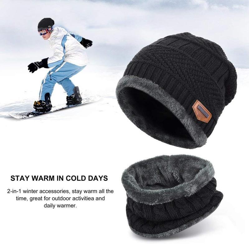 Mens Womens Winter Beanie Hat Scarf Set Warm Knit Hat Thick Fleece Lined Skull Cap  Warmer