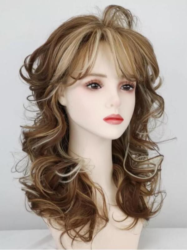 20 Inch Long Wavy Layered Wigs for Women, Gorgeous Fluffy Wigs with Bangs, Synthetic Full Machine Wigs for Party, Daily Use