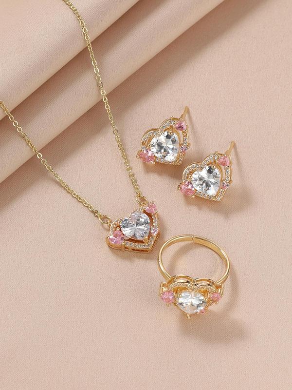 Women's Luxury Fashion Casual Rhinestone Decorated Heart Shaped Necklace & Ring & Earrings, Elegant Jewelry Set for Party, Daily Clothing Decor for Girl