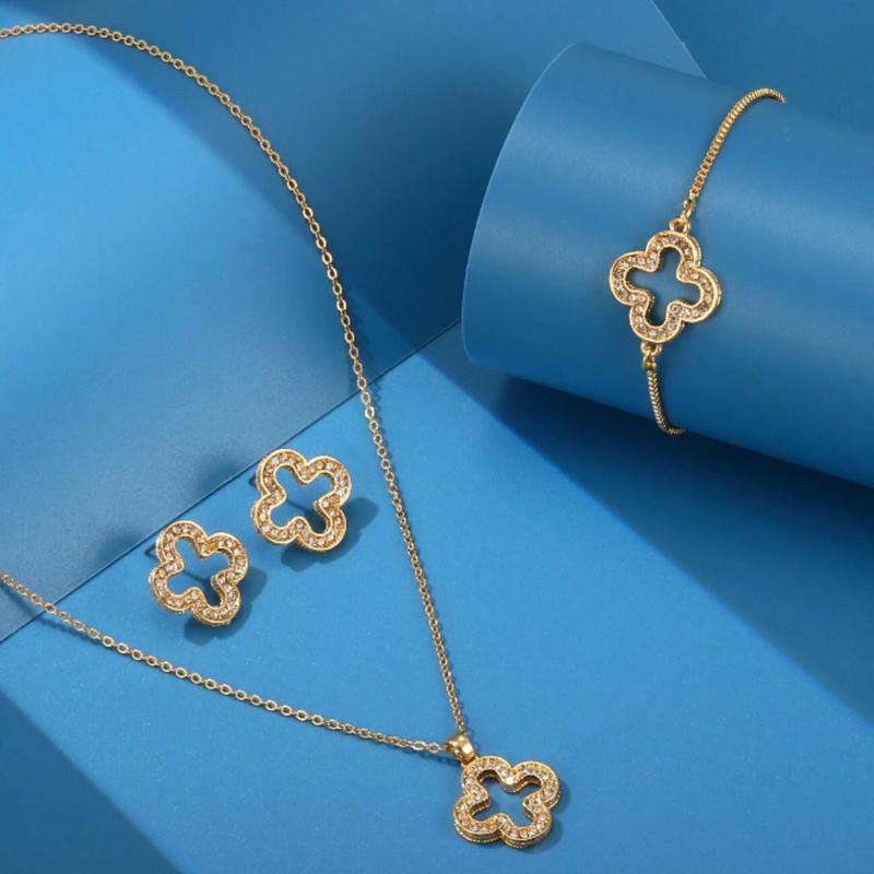 Fashionable Rhinestone Clover Necklace, Earrings and Bracelet Jewelry Set for Women