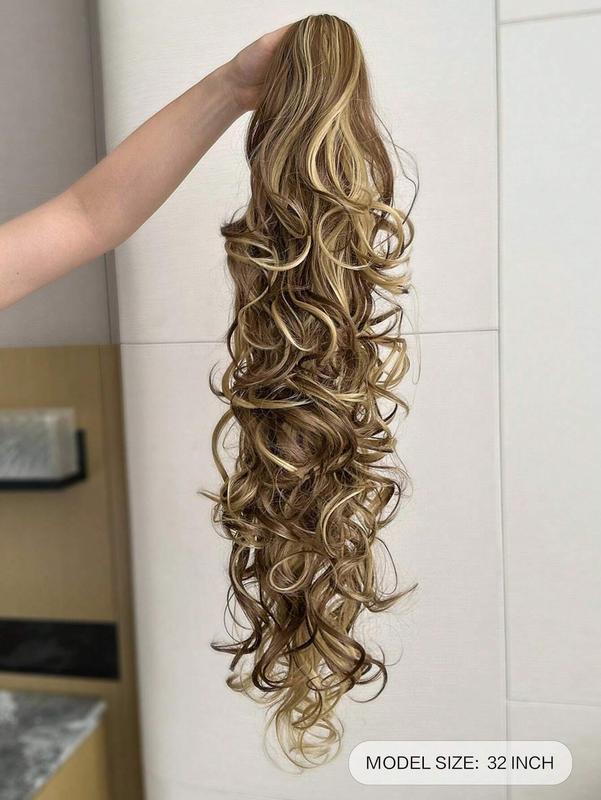 32 Inch Long Body Wave Ponytail Hair Extension - Synthetic Heat Resistant Claw Curly Wavy Hairpiece for Women