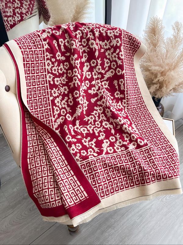 Greek Key Pattern & Ditsy Floral Pattern Two-sided Shawl, Casual Soft Warm Long Scarf for Women & Girls Fashion Accessories for Daily Wear