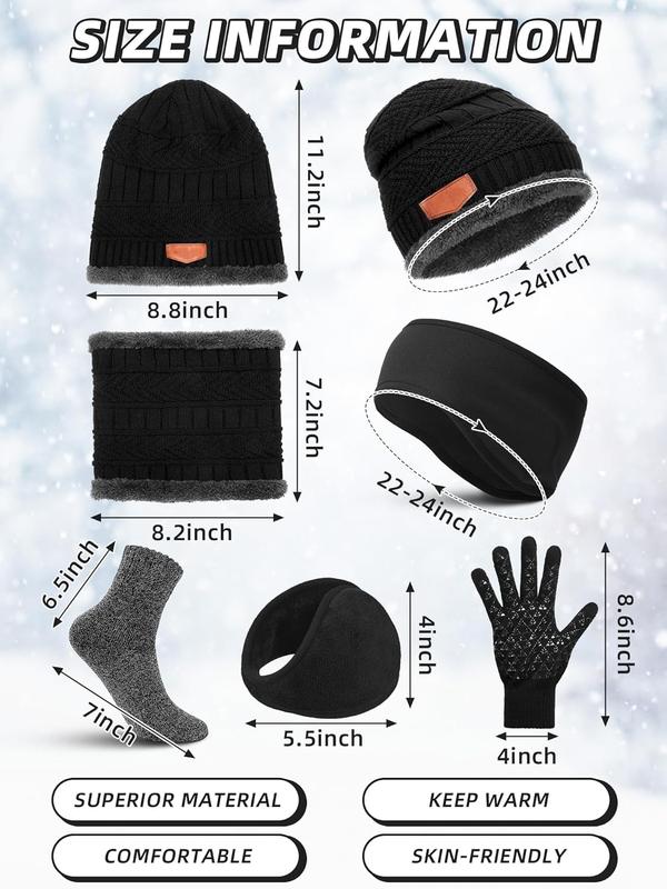 7 count Winter Beanie Hat Scarf Gloves Ear Warmer Socks Set for Men and Women Fleece Lining Beanie Touchscreen Gloves