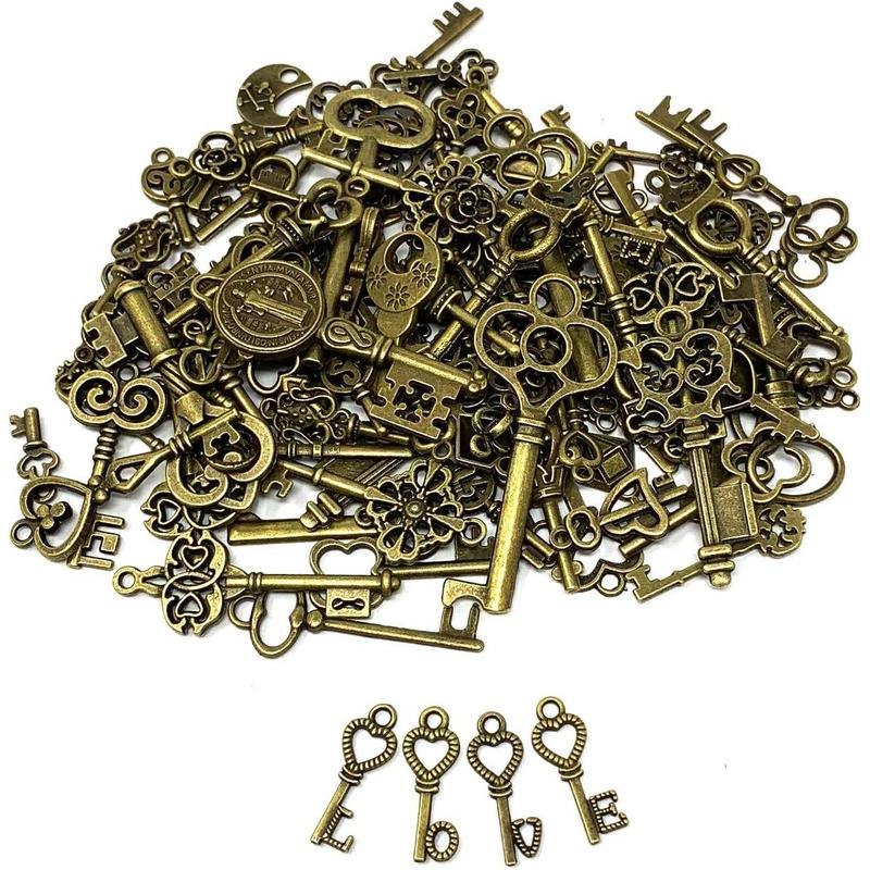 125 Count Vintage Skeleton Key Set Charms, Mixed Antique Style Bronze Brass for Pendant DIY Jewelry Making Wedding Party Favors