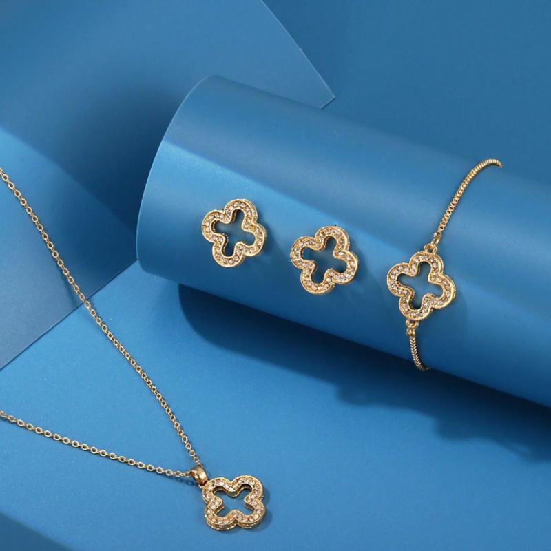 Fashionable Rhinestone Clover Necklace, Earrings and Bracelet Jewelry Set for Women